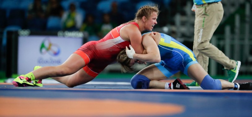 Rio 2016: Erica Wiebe (Women's 75kg Wrestling) Canada's Erica Wiebe, red, competes against Kazakhstan's Guzel Manyurova during the women's 75kg freestyle wrestling competition at the 2016 Summer Olympics in Rio de Janeiro, Brazil, Thursday, Aug. 18, 2016. (COC/Jason Ransom)