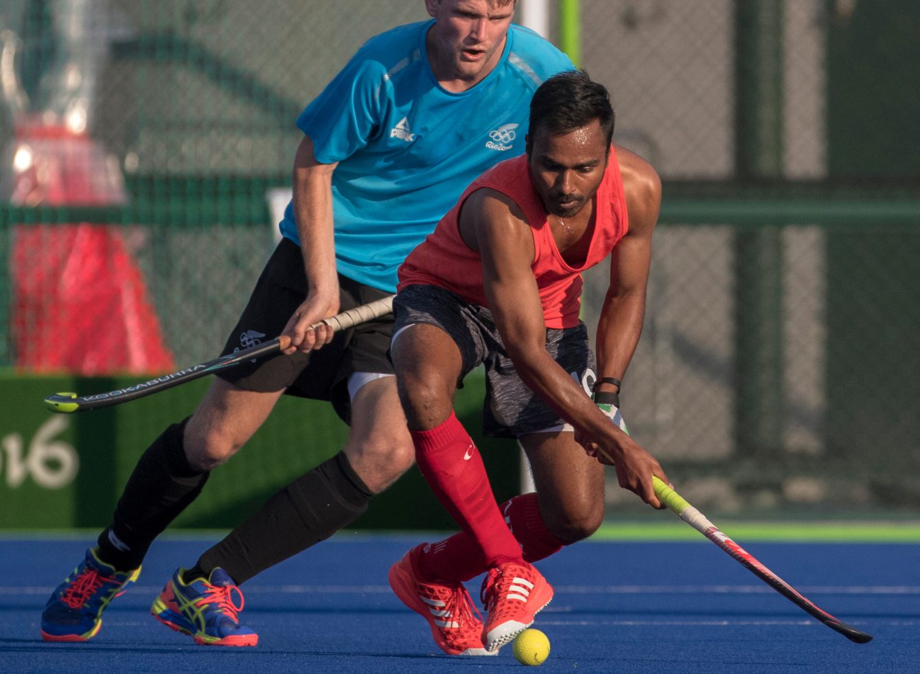 Keegan Pereira plays against New Zealand in a field hockey friendly at Rio 2016 