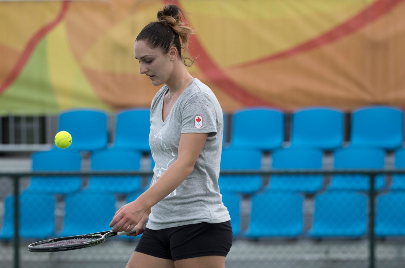 Canadian tennis player Eugenie Bouchard practices prior to the start of the Olympic Games in Rio de Janeiro, Brazil, Wednesday, August 3, 2016. COC Photo by Jason Ransom