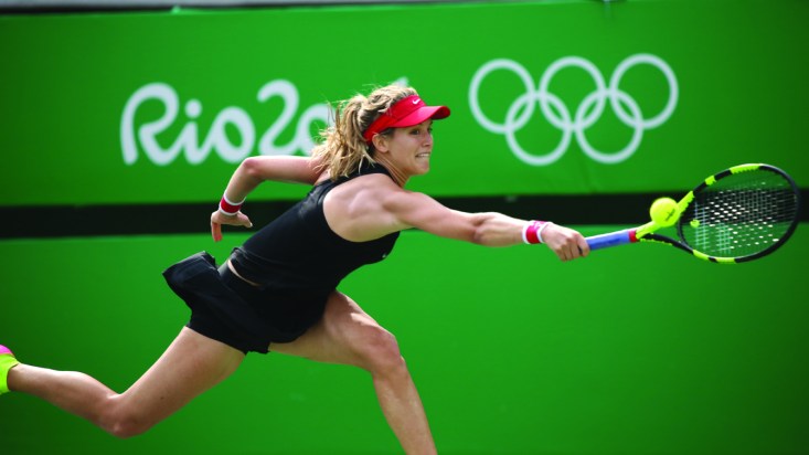Eugenie Bouchard goes for a return in women's singles second round action at Rio 2016 (August 8, 2016)