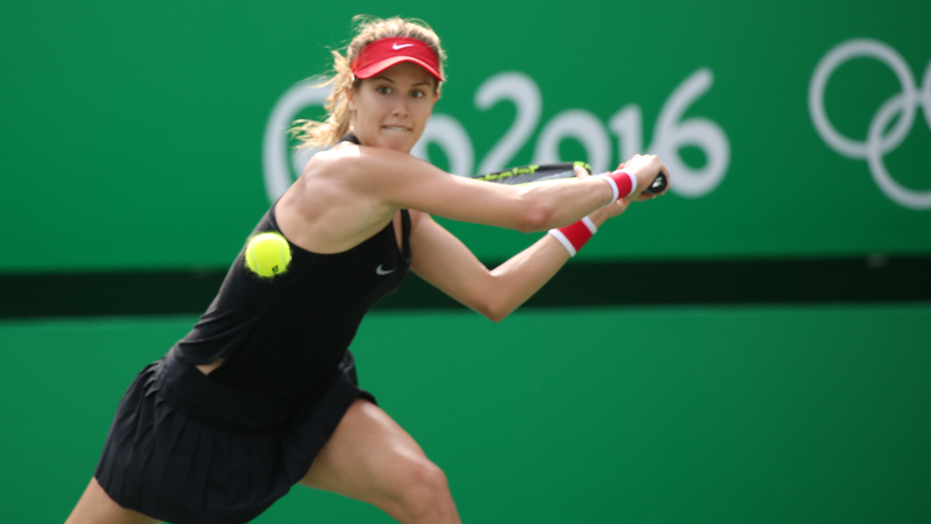 Eugenie Bouchard sets up for a return in women's singles second round action at Rio 2016 (August 8, 2016)