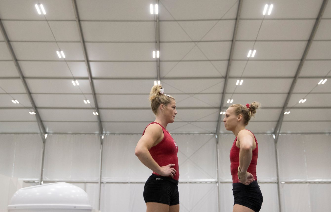 Brittany Rogers and Ellie Black chat during a training session at the Olympic games in Rio de Janeiro, Brazil, Sunday, July 31, 2016. COC Photo by Jason Ransom