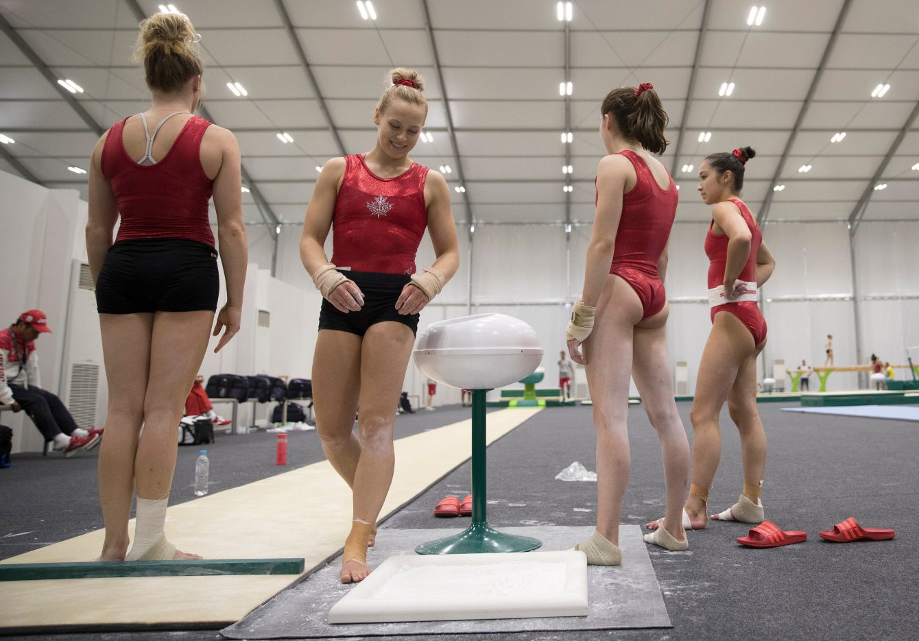 Canada's gymnastics team in a training session prior to the Olympic games in Rio de Janeiro, Brazil, Sunday, July 31, 2016. COC Photo by Jason Ransom