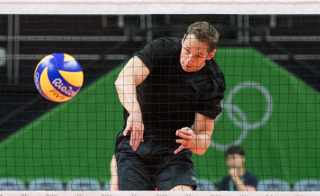 Team Canada's Frederic Winters plays the ball during their men's team volleyball practice ahead of the Olympic games in Rio de Janeiro, Brazil, Wednesday August 3, 2016. COC Photo/Mark Blinch