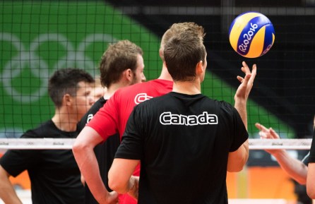 Team Canada's Frederic Winters spins the ball on his finger during their men's team volleyball practice ahead of the Olympic games in Rio de Janeiro, Brazil, Wednesday August 3, 2016. COC Photo/Mark Blinch