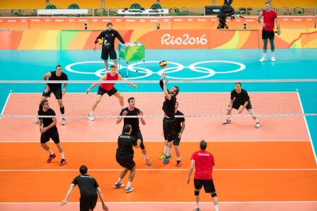 Team Canada takes the court during their men's team volleyball practice ahead of the Olympic games in Rio de Janeiro, Brazil, Wednesday August 3, 2016. COC Photo/Mark Blinch