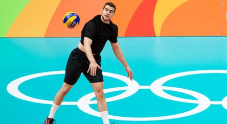 Team Canada's TJ Sanders serves the ball during their men's team volleyball practice ahead of the Olympic games in Rio de Janeiro, Brazil, Wednesday August 3, 2016. COC Photo/Mark Blinch
