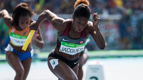 Farah Jacques leads off the 4x100m relay semifinals for Team Canada at the Olympic Games on August 18, 2016.