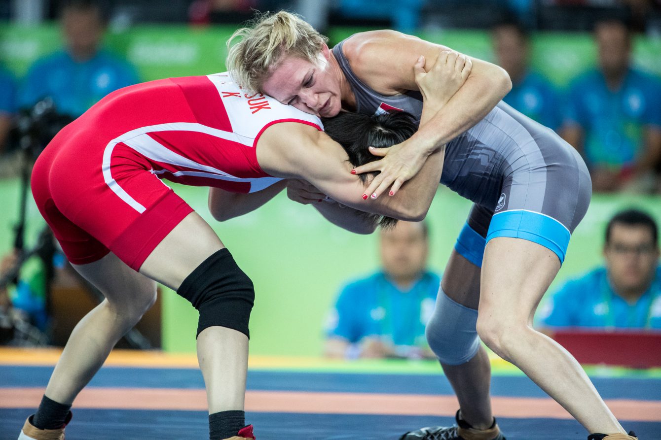 Team Canada’s Jillian Alice Gallays battles in 53 kg women's wrestling during the qualification match at Carioca Stadium, Rio de Janeiro, Brazil, Thursday August 18, 2016. COC Photo/David Jackson