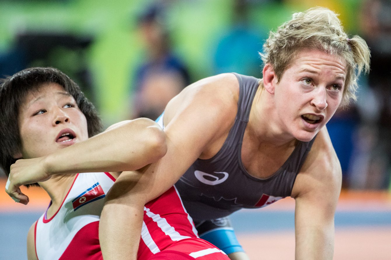 Team Canada’s Jillian Alice Gallays battles in 53 kg women's wrestling during the qualification match at Carioca Stadium, Rio de Janeiro, Brazil, Thursday August 18, 2016. COC Photo/David Jackson