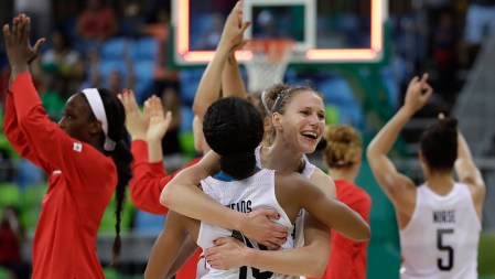 Captain of the women's basketball team, Kim Gaucher hugs Nirra Fields after their win over Serbia. August 8, 2016.