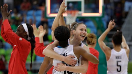 Rio 2016: Kim Gaucher Captain of the women's basketball team, Kim Gaucher hugs Nirra Fields after their win over Serbia. August 8, 2016.