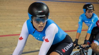 Kirsti Lay (left) and Jasmin Glaesser from women's team pursuit at the Milton velodrome on July 29, 2016.