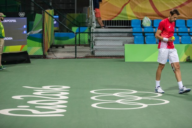 Team Canada's Daniel Nestor and Vasek Pospisil compete against Portugal in the men's second round of doubles tennis, Rio de Janeiro, Brazil, Monday August 8, 2016. COC Photo/David Jackson