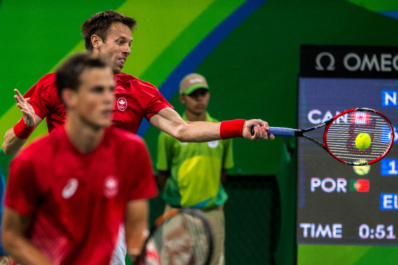 Team Canada's Daniel Nestor and Vasek Pospisil compete against Portugal in the men's second round of doubles tennis, Rio de Janeiro, Brazil, Monday August 8, 2016. COC Photo/David Jackson