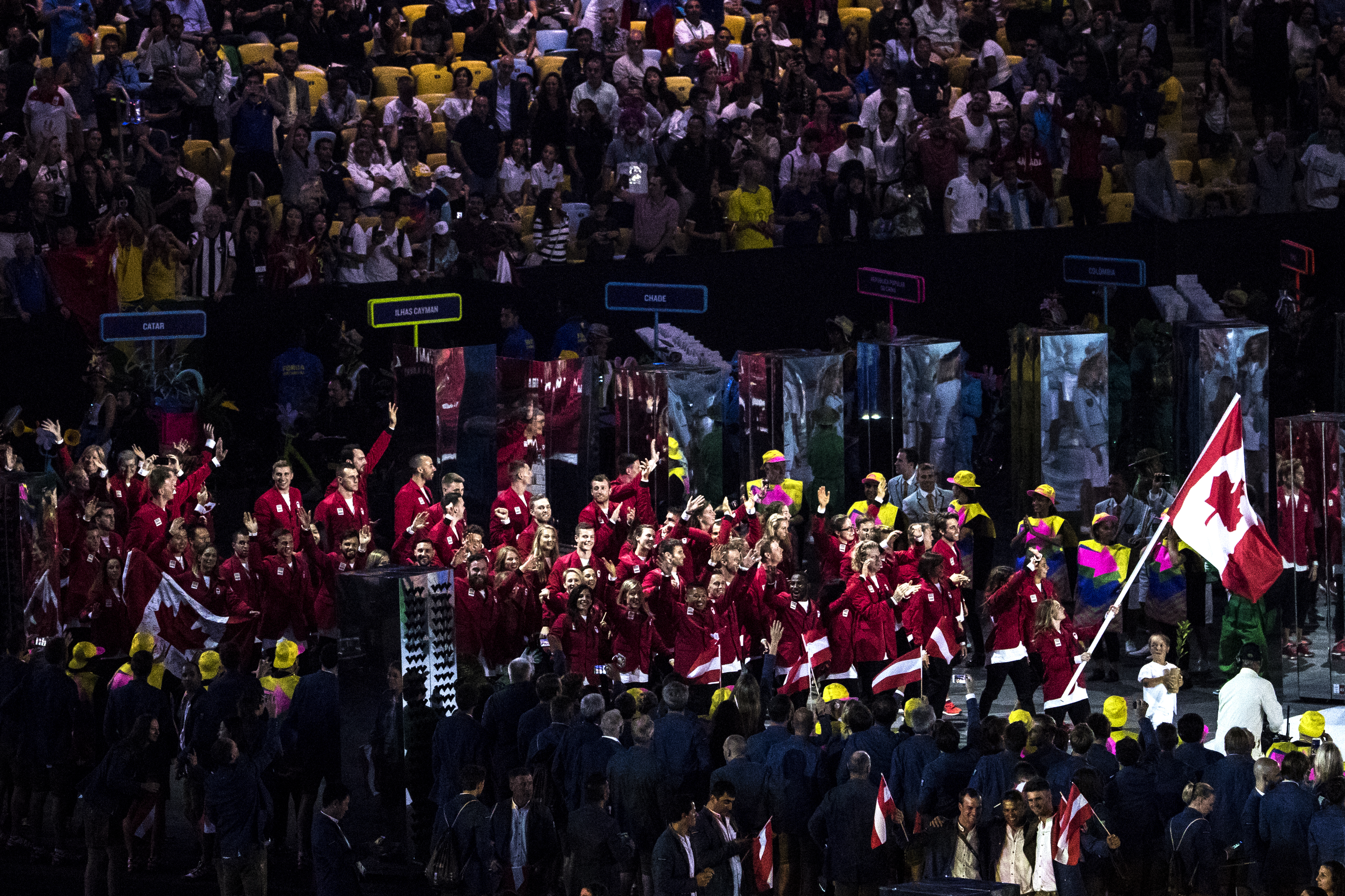 Team Canada enters the Maracana Stadium during the opening ceremonies of the olympic games in Rio de Janeiro, Brazil, Friday August 5, 2016. COC Photo/David Jackson