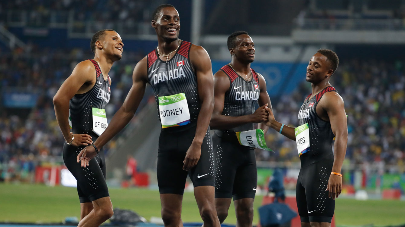 (L-R) Andre De Grasse, Brendon Rodney, Aaron Brown and Akeem Haynes. 