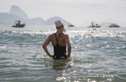 Rio 2016: Richard Weinberger Canada's Richard Weinberger, #25, pauses for a moment as other competitors make their way to the starting buoy for the marathon swim at the Olympic games in Rio de Janeiro, Brazil, Tuesday, August 16, 2016. Weinberger finished 17th. COC Photo/Jason Ransom