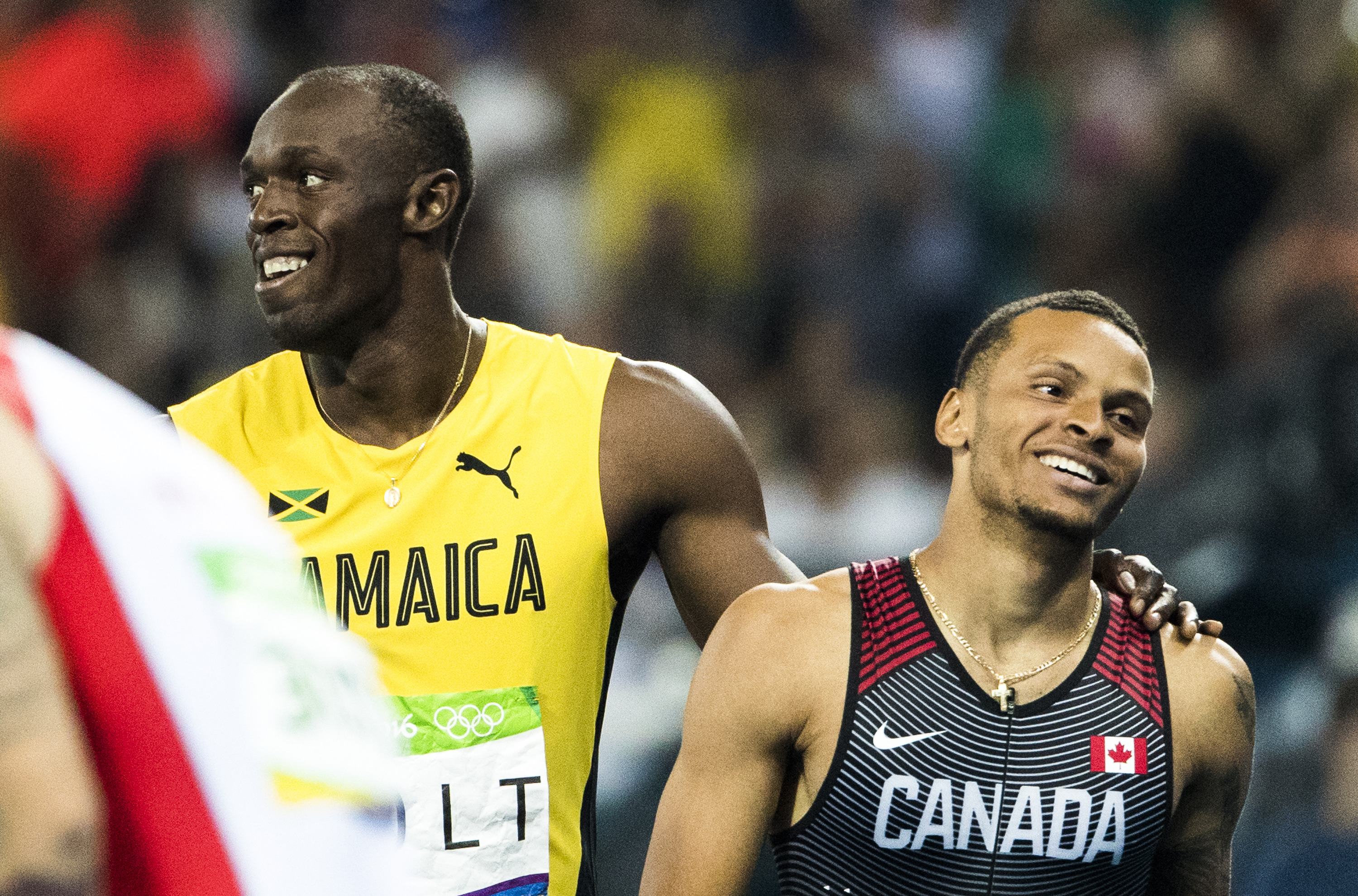 Andre De Grasse and Usain Bolt compete in the Men's 200m Semi Final at the Olympic Games in Rio de Janeiro, Brazil, Wednesday, August 17, 2016. COC Photo by Stephen Hosier