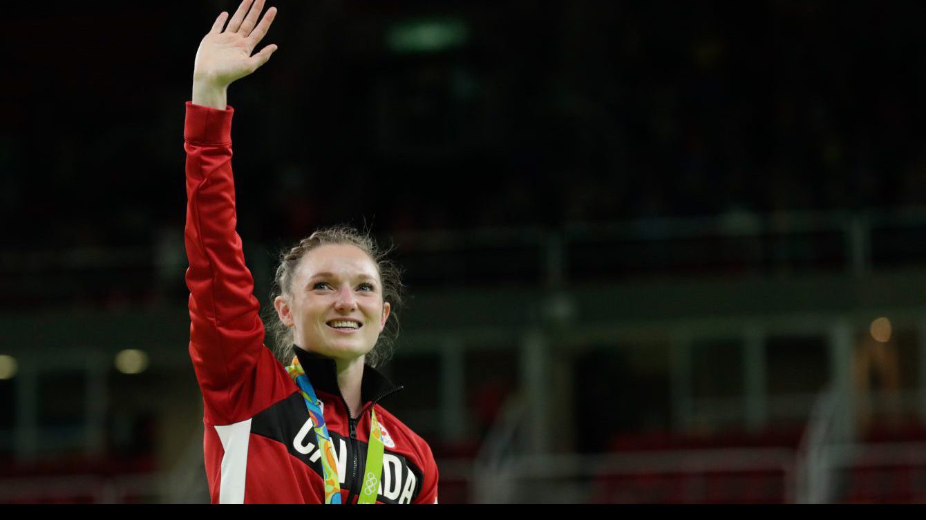 Rosie MacLennan pictured after successfully defending her trampoline gold at the Rio 2016 Olympic Games. (COC photo/Jason Ransom)