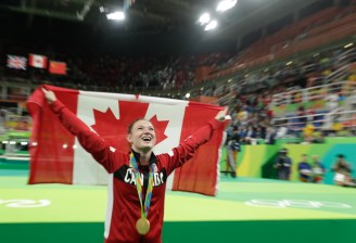 Rosie MacLennan pictured after successfully defending her trampoline gold at the Rio 2016 Olympic Games. (COC photo/Jason Ransom)