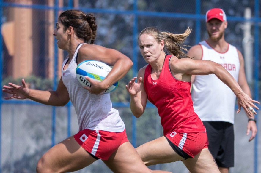 Team Canada's Karen Paquin pursues Bianca Farella in drills during women's rugby team practice ahead of the Olympic games in Rio de Janeiro, Brazil, Tuesday August 2, 2016. COC Photo/David Jackson