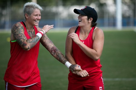 Canadian athlete Jen Kish and Britt Benn share a laugh during womens rugby team practices prior to the official start of the Rio Olympics, Rio De 2016. David Jackson/ COC
