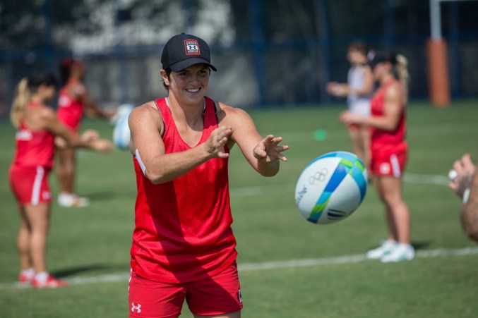 Team Canada's Britt Benn receives a pass during women's rugby team practice ahead of the Olympic games in Rio de Janeiro, Brazil, Tuesday August 2, 2016. COC Photo/David Jackson