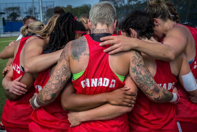 Team Canada's women's rugby team huddles together during practice ahead of the Olympic games in Rio de Janeiro, Brazil, Tuesday August 2, 2016. COC Photo/David Jackson