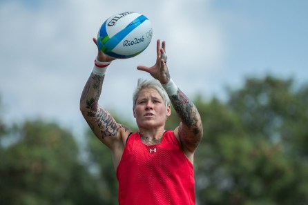 Team Canada's Jen Kish practices her inbound receiving during women's rugby team practice ahead of the Olympic games in Rio de Janeiro, Brazil, Tuesday August 2, 2016. COC Photo/David Jackson