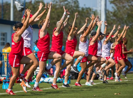 Team Canada stretches during women's rugby practice ahead of the Olympic games in Rio de Janeiro, Brazil, Tuesday August 2, 2016. COC Photo/Mark Blinch