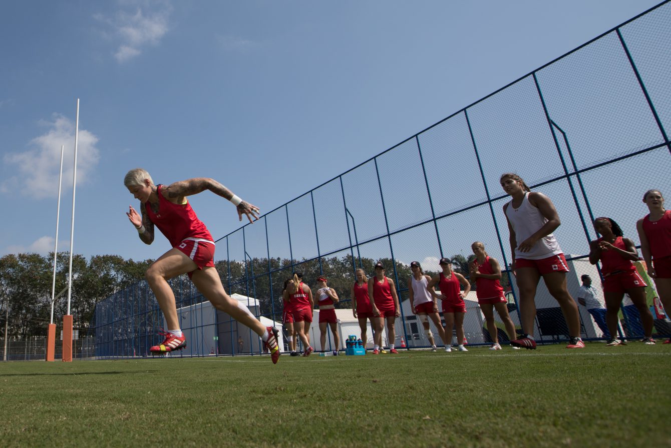 Team Canada's Jen Kish does drills during women's rugby practice ahead of the Olympic games in Rio de Janeiro, Brazil, Tuesday August 2, 2016. COC Photo/Mark Blinch