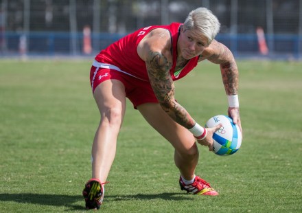 Team Canada's Jen Kish does drills during women's rugby practice ahead of the Olympic games in Rio de Janeiro, Brazil, Tuesday August 2, 2016. COC Photo/Mark Blinch