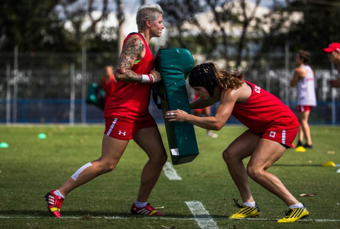 Team Canada's Jen Kish, left, does drills with Karen Paquin during women's rugby practice ahead of the Olympic games in Rio de Janeiro, Brazil, Tuesday August 2, 2016. COC Photo/Mark Blinch
