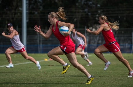 Team Canada's Karen Paquin runs with the ball during women's rugby practice ahead of the Olympic games in Rio de Janeiro, Brazil, Tuesday August 2, 2016. COC Photo/Mark Blinch