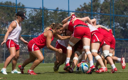 Team Canada does drills during women's rugby practice ahead of the Olympic games in Rio de Janeiro, Brazil, Tuesday August 2, 2016. COC Photo/Mark Blinch