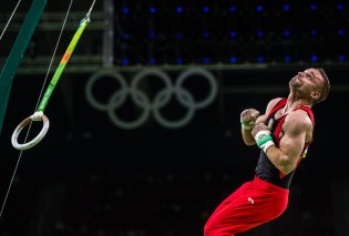 Canada's Scott Morgan performs on the rings during men's artistic gymnastics qualifying at the Olympic games in Rio de Janeiro, Brazil, Saturday August 6, 2016. COC Photo/Mark Blinch