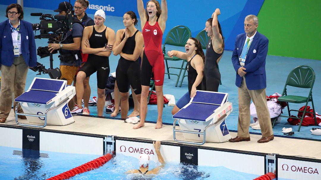 The Rio 2016 4x200m freestyle team wins bronze with Taylor Ruck, Penny Oleksiak, Brittany Maclean and Katerine Savard on August 10 2016.