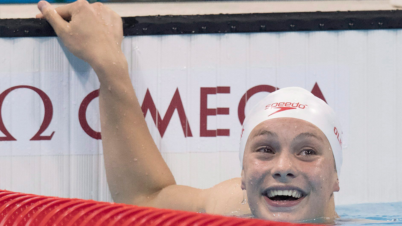 Canada's Penny Oleksiak reacts to her silver medal performance in the women's 100-metre butterfly at the 2016 Summer Olympics on Sunday, August 7, 2016 in Rio de Janeiro, Brazil. THE CANADIAN PRESS/Frank Gunn