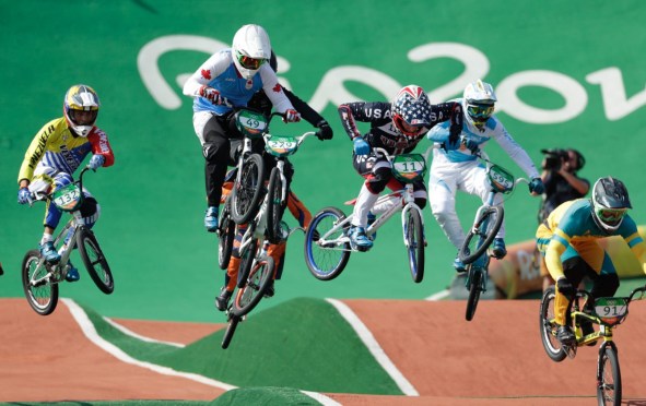 Tory Nyhaug competes in the BMX semifinals at, Rio 2016, em route for a fifth place finish. (August 19, 2016, COC/Jason Ransom)