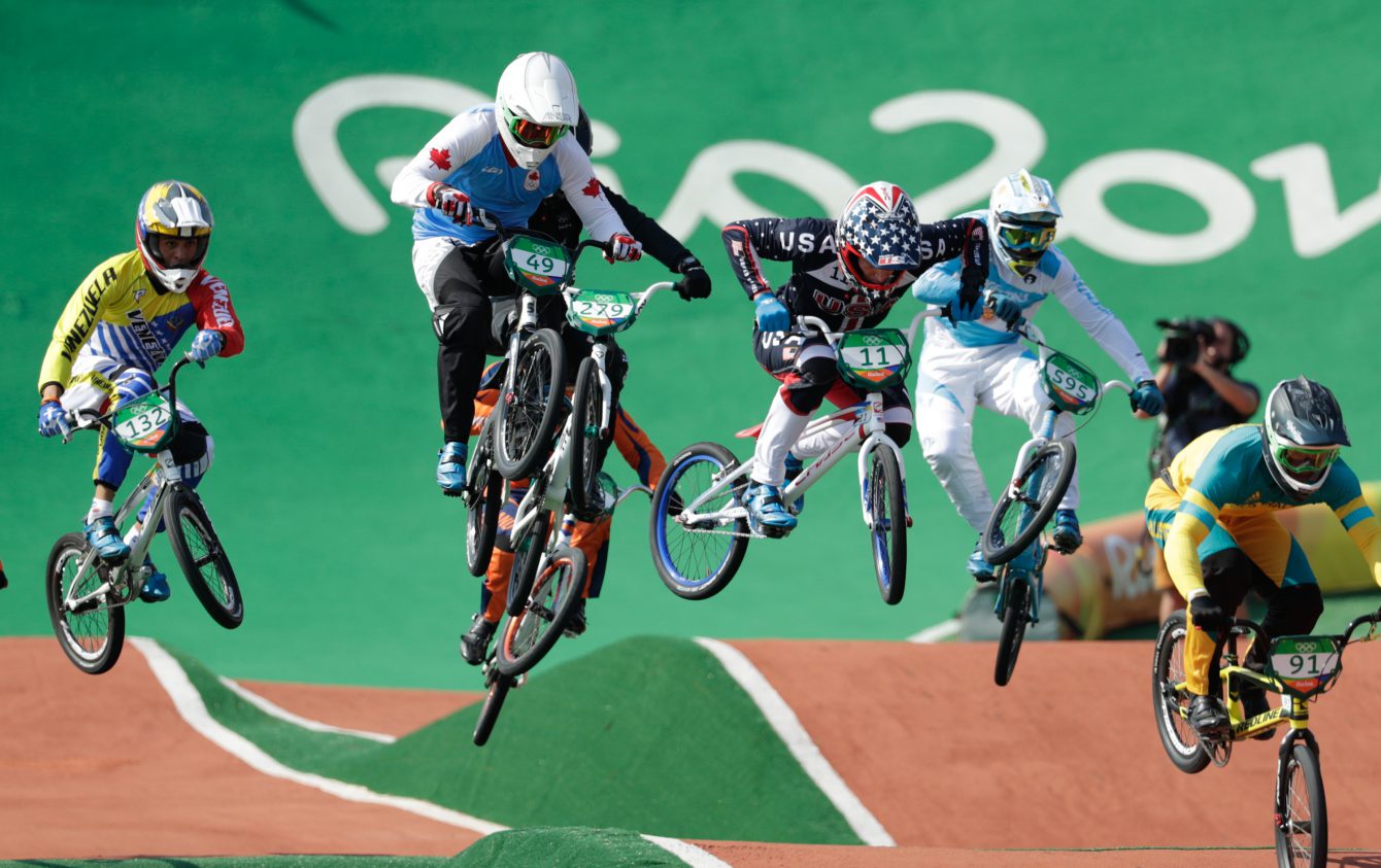 Tory Nyhaug competes in the BMX semifinals at, Rio 2016. (August 19, 2016, COC/Jason Ransom) 