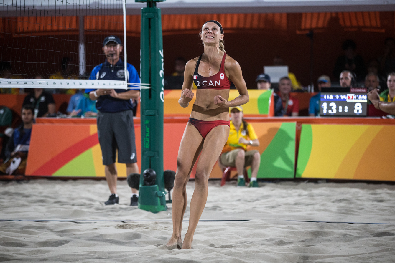 Team Canada's women's beach volleyball duo, Kristina Valjas and Jamie Broder, battle in a preliminary match against Italy, Copacabana Beach, Rio de Janeiro, Brazil, Sunday August 7, 2016. COC Photo/David Jackson