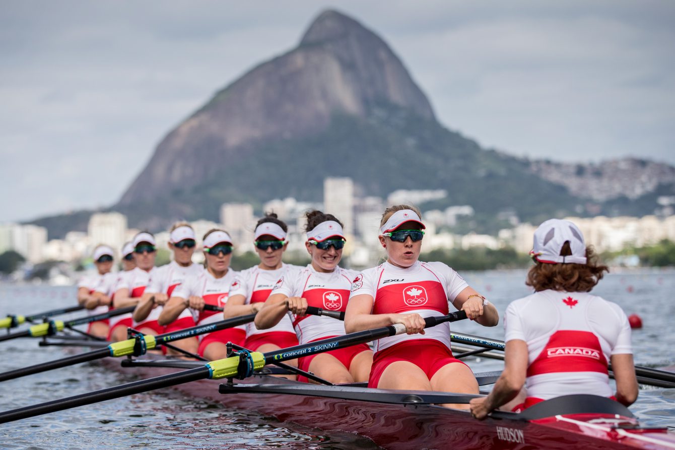 Team Canada's Cristy Nurse, Lisa Roman, Ante von Seydlitz, Christine Roper, Lauren Wilkinson, Susanne Grainger, Natalie Mastracci, Caileigh Filmer and Lesley Thompson-Willie in the women's eight repechage at Lagoa Rowing Stadium