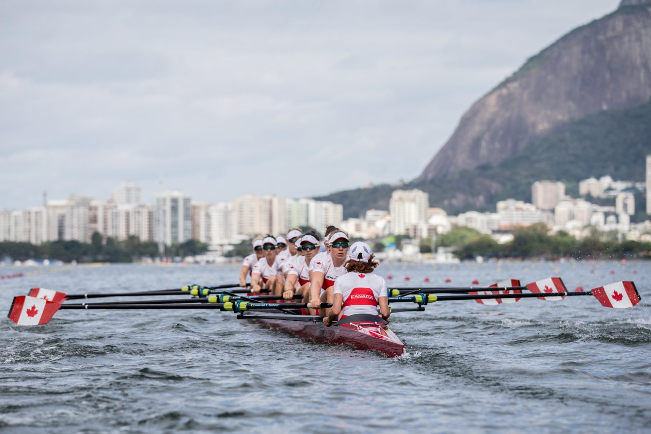 Team Canada's Cristy Nurse, Lisa Roman, Ante von Seydlitz, Christine Roper, Lauren Wilkinson, Susanne Grainger, Natalie Mastracci, Caileigh Filmer and Lesley Thompson-Willie in the womens eight repechage at Lagoa Rowing Stadium, Rio de Janeiro, Brazil, Thursday August 11, 2016. COC Photo/David Jackson