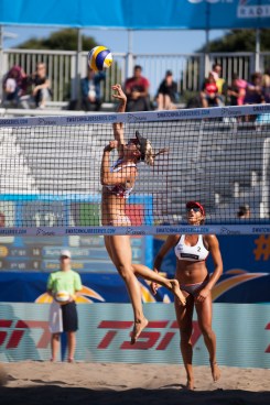 Heather Bansley performs a spike at the FIVB world tour finals
