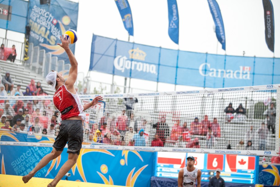 Schachter going for a spike at the FIVB World Tour Finals