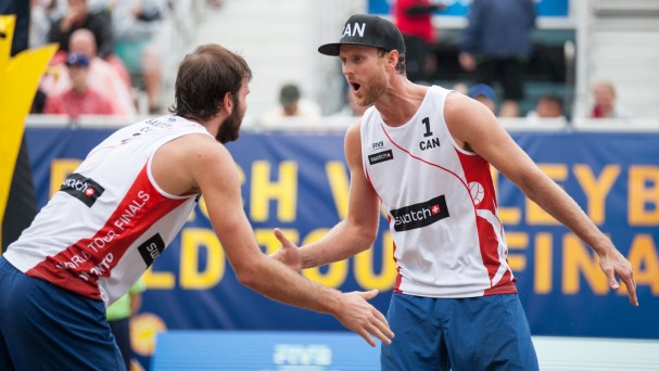 Ben Saxton and Chaim Schalk celebrate beating The Netherlands in the quarterfinals of the FIVB World Tour Finals