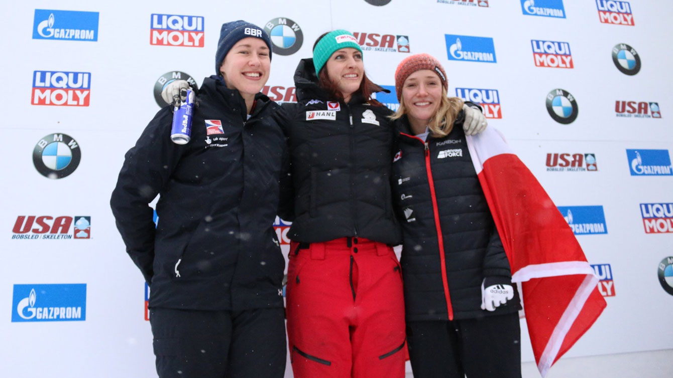 Rahneva celebrates her first World Cup podium, after claimed skeleton bronze in Lake Placid. (Photo: Lake Placid Events)