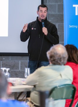 Marty Turco speaks to coaches at the Teck Coaching Series in Kamloops, BC on December 3, 2016 (photo: Allen Douglas)