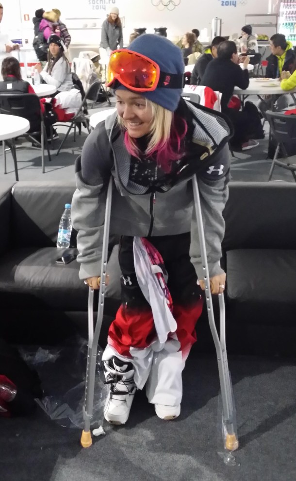 mercedessochi-feb-13-2014 Mercedes Nicoll on crutches the day after the women's halfpipe competition at Sochi 2014